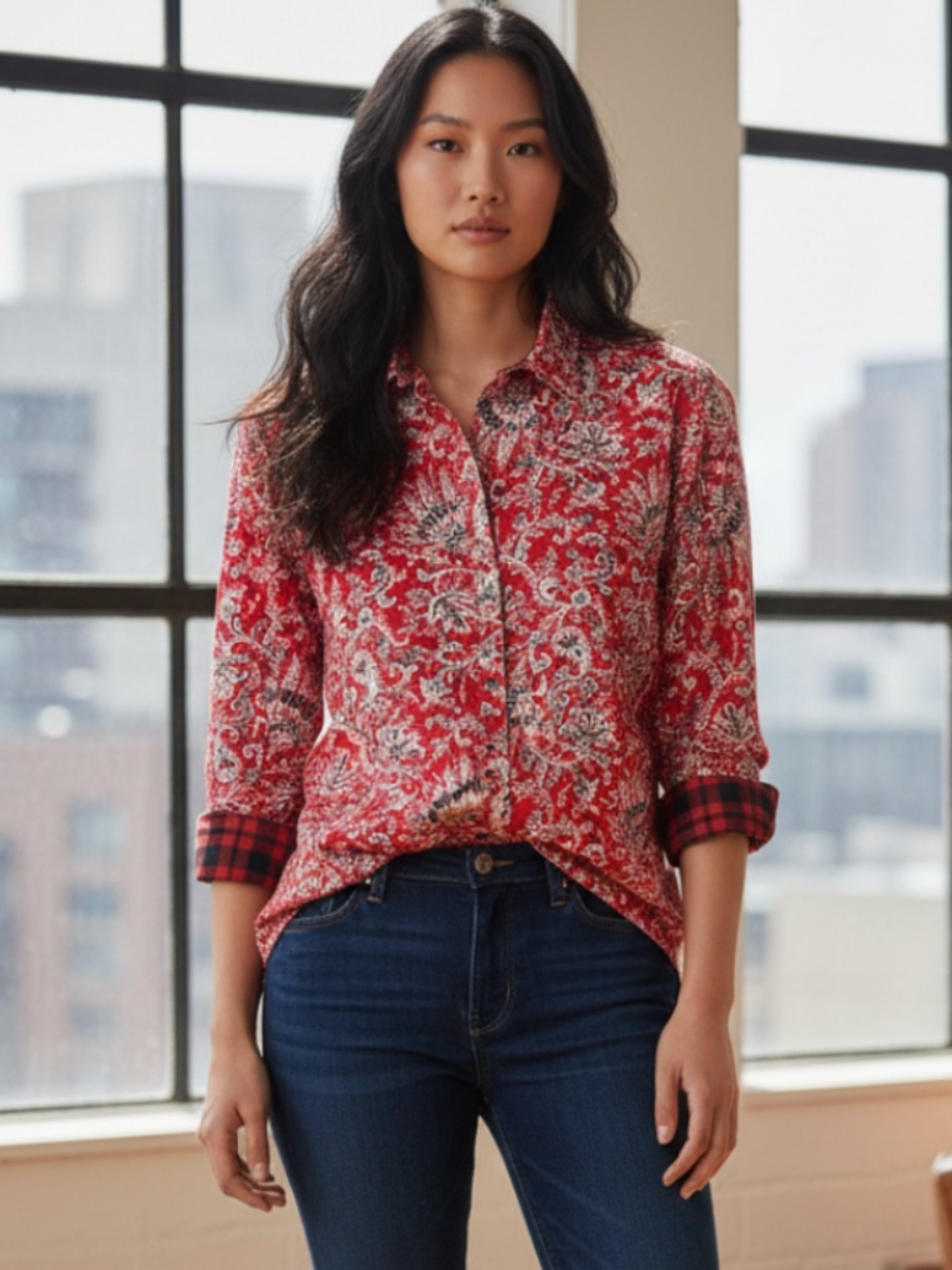 Ralph Lauren Chaps Shirt Top Blouse 2X 18 20 Floral Plaid Flip Cuff Red Career